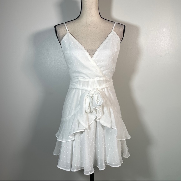 Hello Molly White Ivory Surplice Neck Belted Layered Hem Cami Short Dress S - Picture 2 of 12